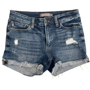 Just USA Women’s Blue Denim Mid Rise Short Shorts, size medium